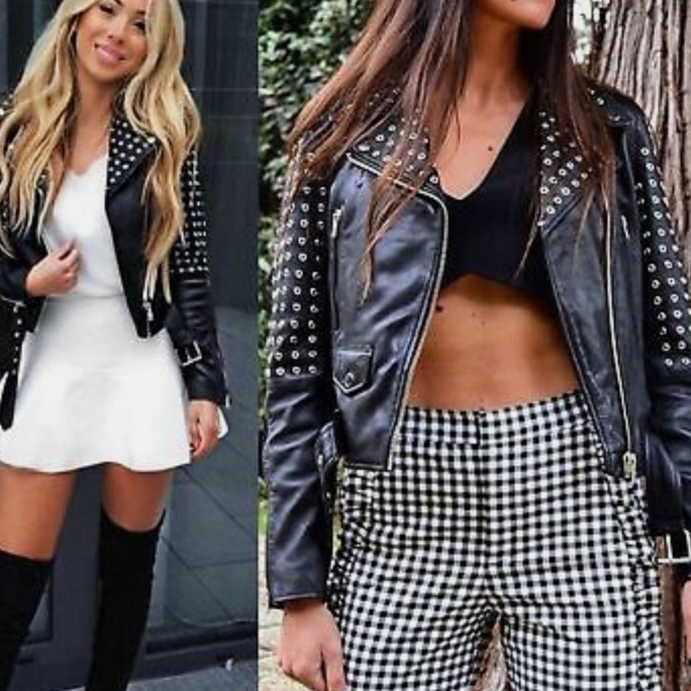 NWT Zara Black Genuine Leather Studded Jacket Size XSmall